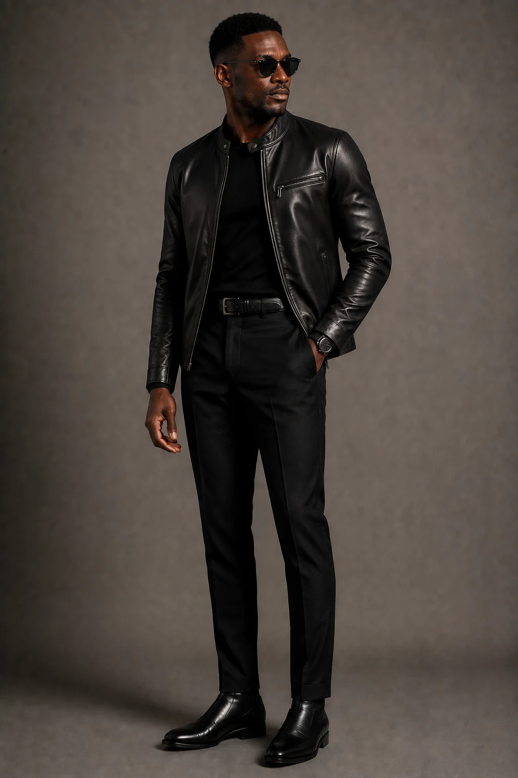 The Black Leather Jacket Upgrade — Black Men Classy Outfits style outfit, worn by a stylish man