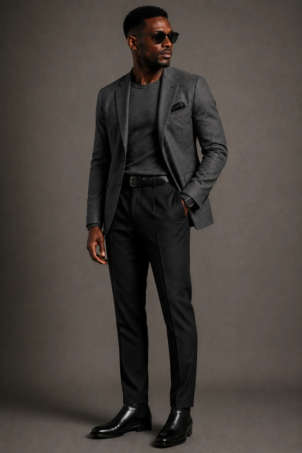 The Tonal Gray and Black Outfit — Black Men Classy Outfits style outfit, worn by a stylish man