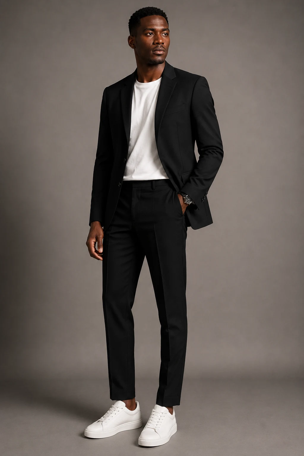 The Black Suit and White Sneaker Combo — Black Men Classy Outfits style outfit, worn by a stylish man