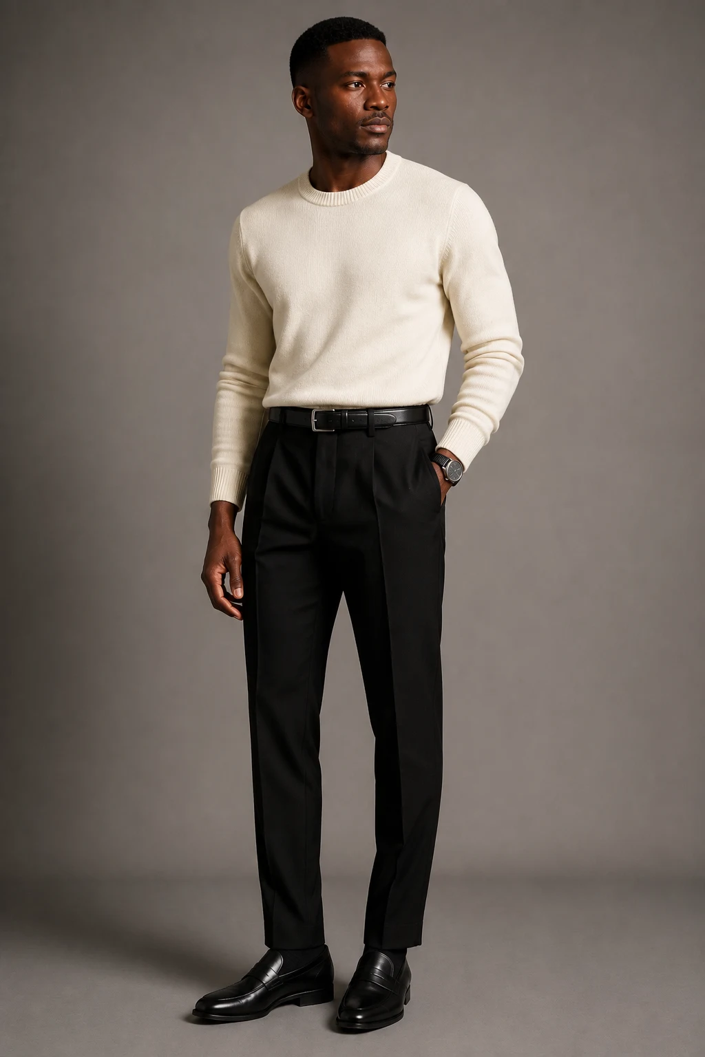 The Cream Knit and Black Trouser Contrast — Black Men Classy Outfits style outfit, worn by a stylish man