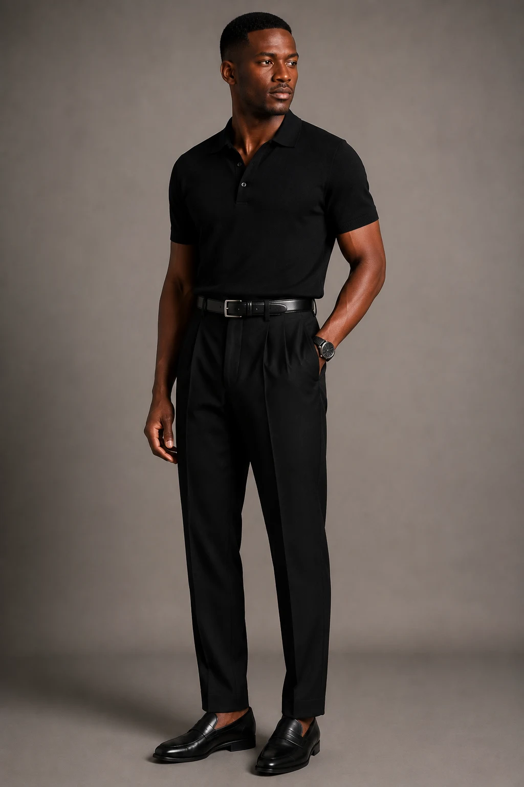 The Black Polo and Pleated Trousers — Black Men Classy Outfits style outfit, worn by a stylish man