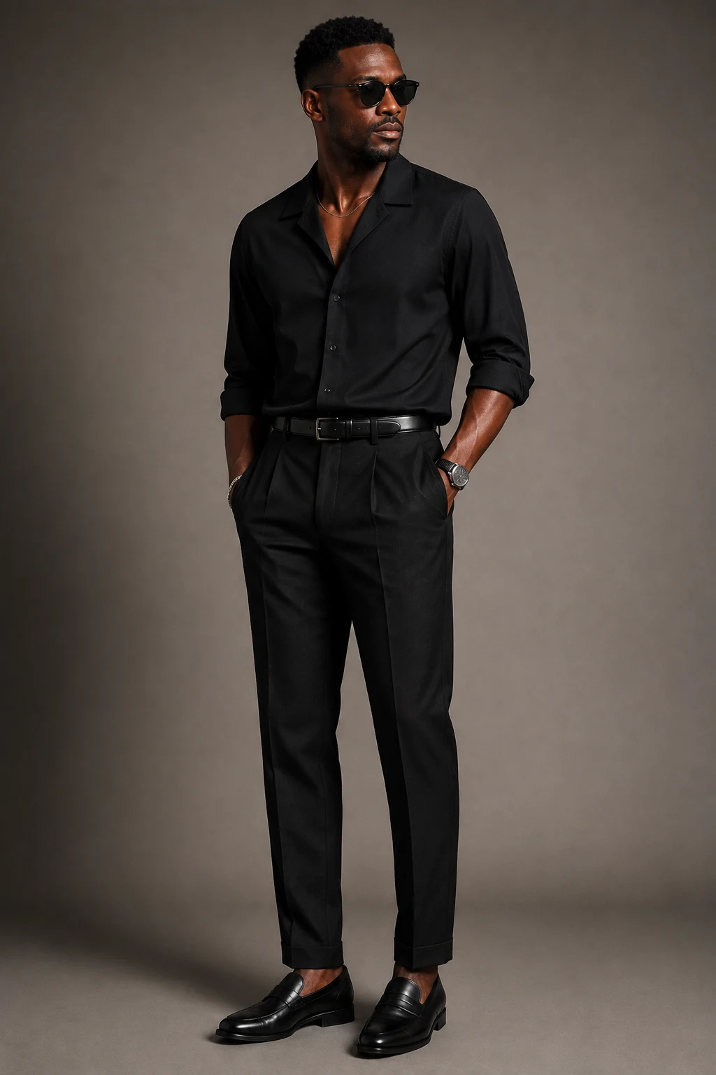 The Monochrome Black Shirt Look — Black Men Classy Outfits style outfit, worn by a stylish man