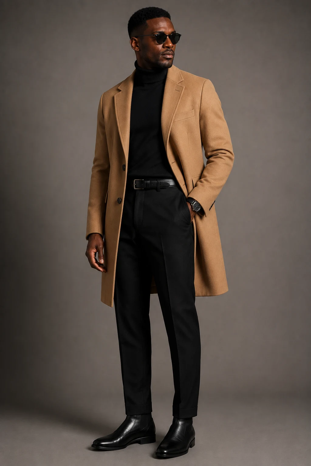 The Camel Coat and Black Base — Black Men Classy Outfits style outfit, worn by a stylish man