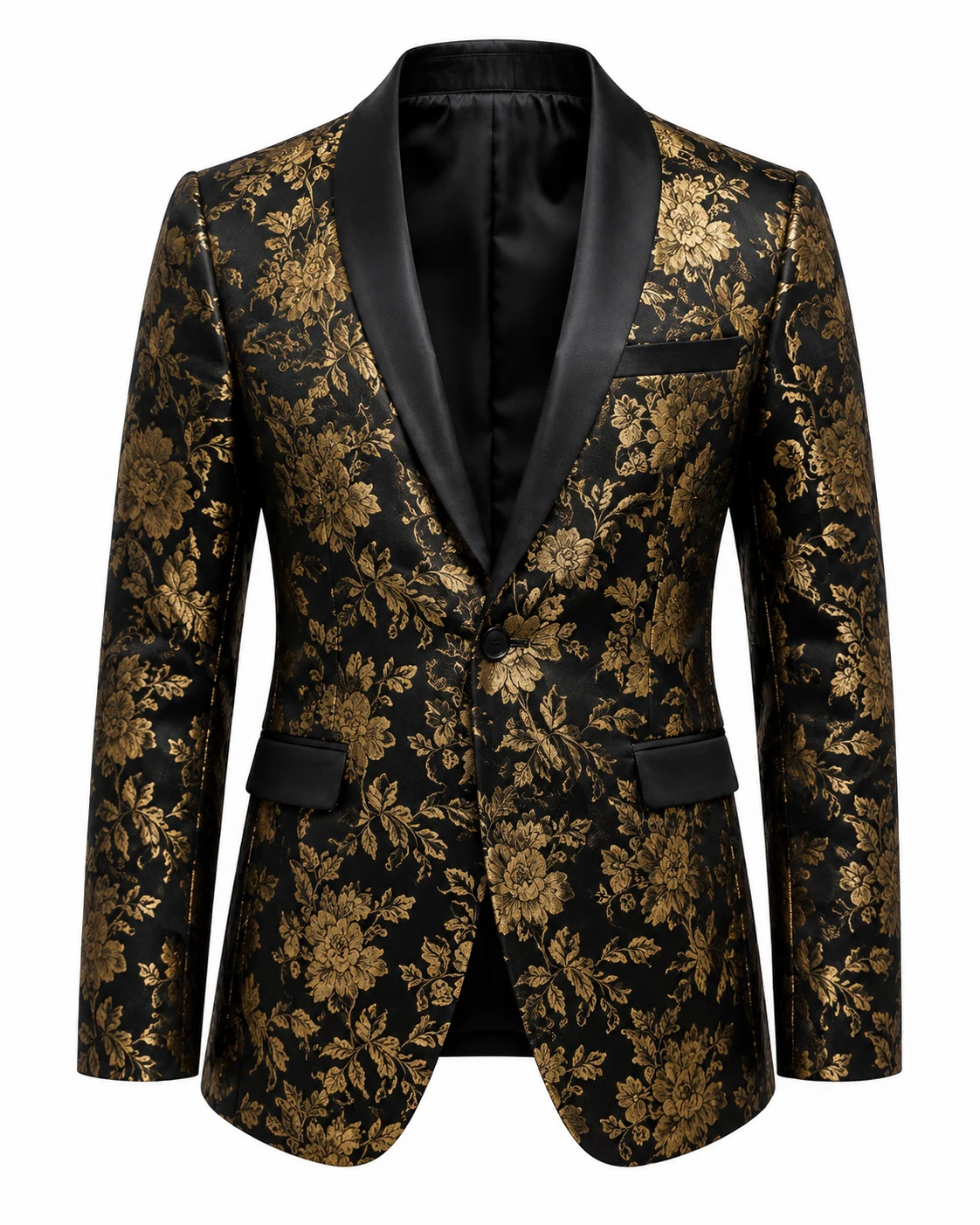MOGU Men's Floral Jacquard Tuxedo Blazer Black Gold