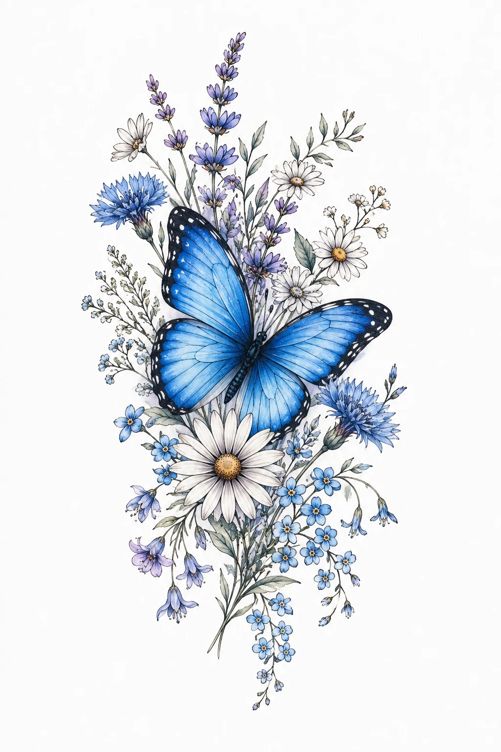 Blue Butterfly Tattoo with Wildflowers — blue butterfly tattoo style outfit