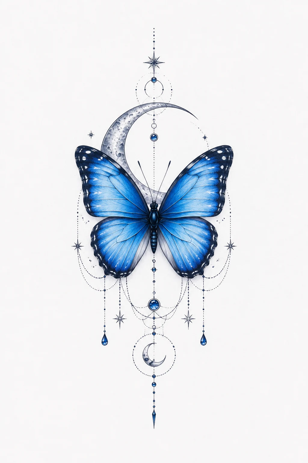 Blue Butterfly Tattoo Meaning with Moon Details — blue butterfly tattoo style outfit