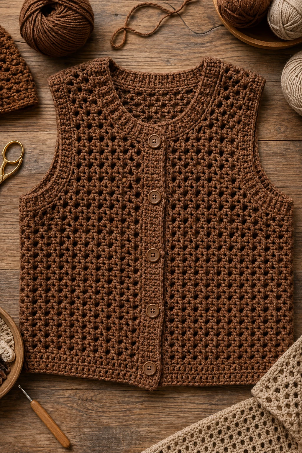 Teddy-Brown Crochet Cardigan Vest — brown crochet ideas style outfit