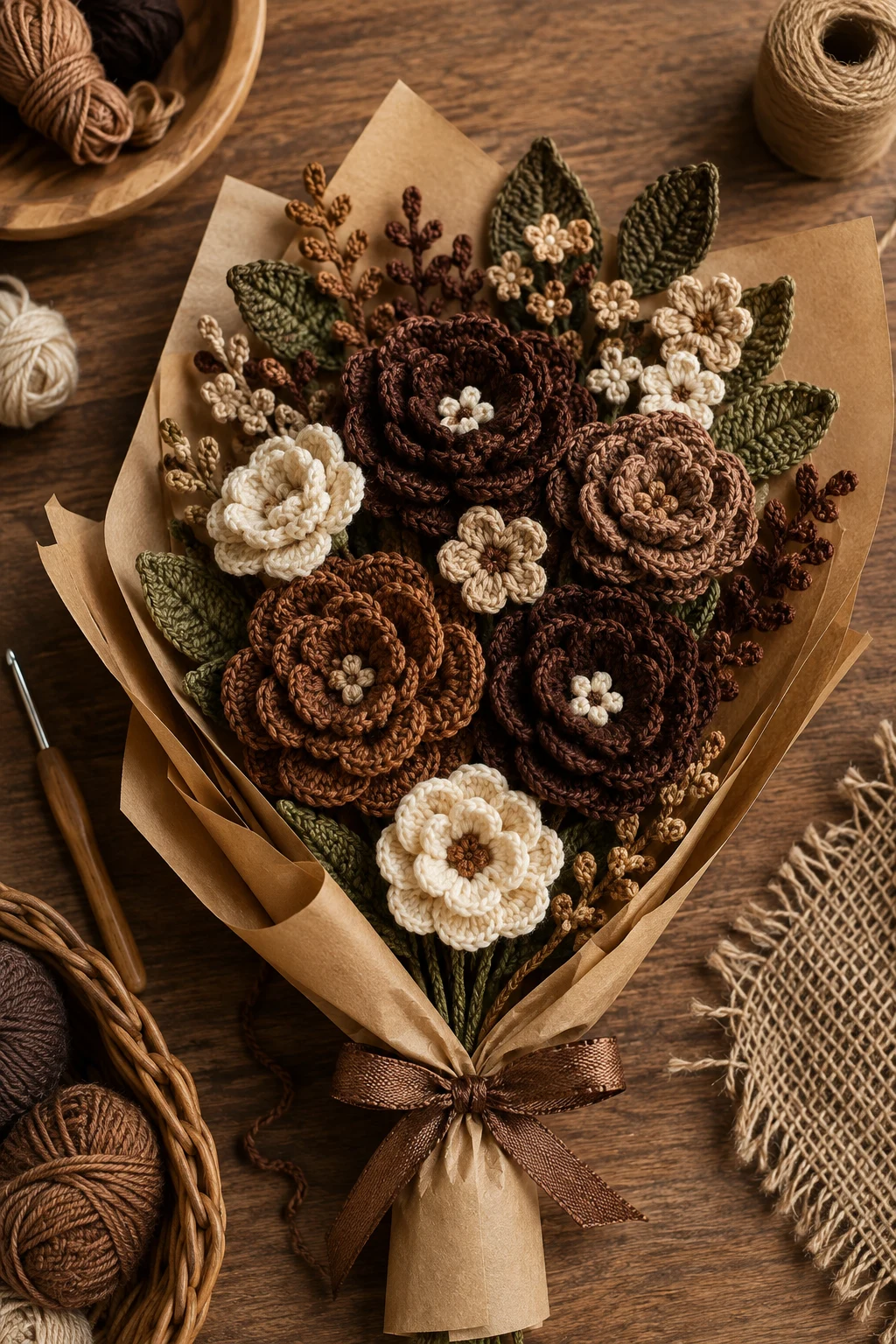 Chestnut Crochet Flower Bouquet — brown crochet ideas style outfit