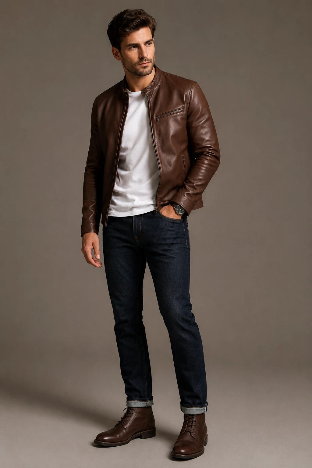 The White Tee and Dark Denim Classic — brown leather jacket outfit men style outfit, worn by a stylish man