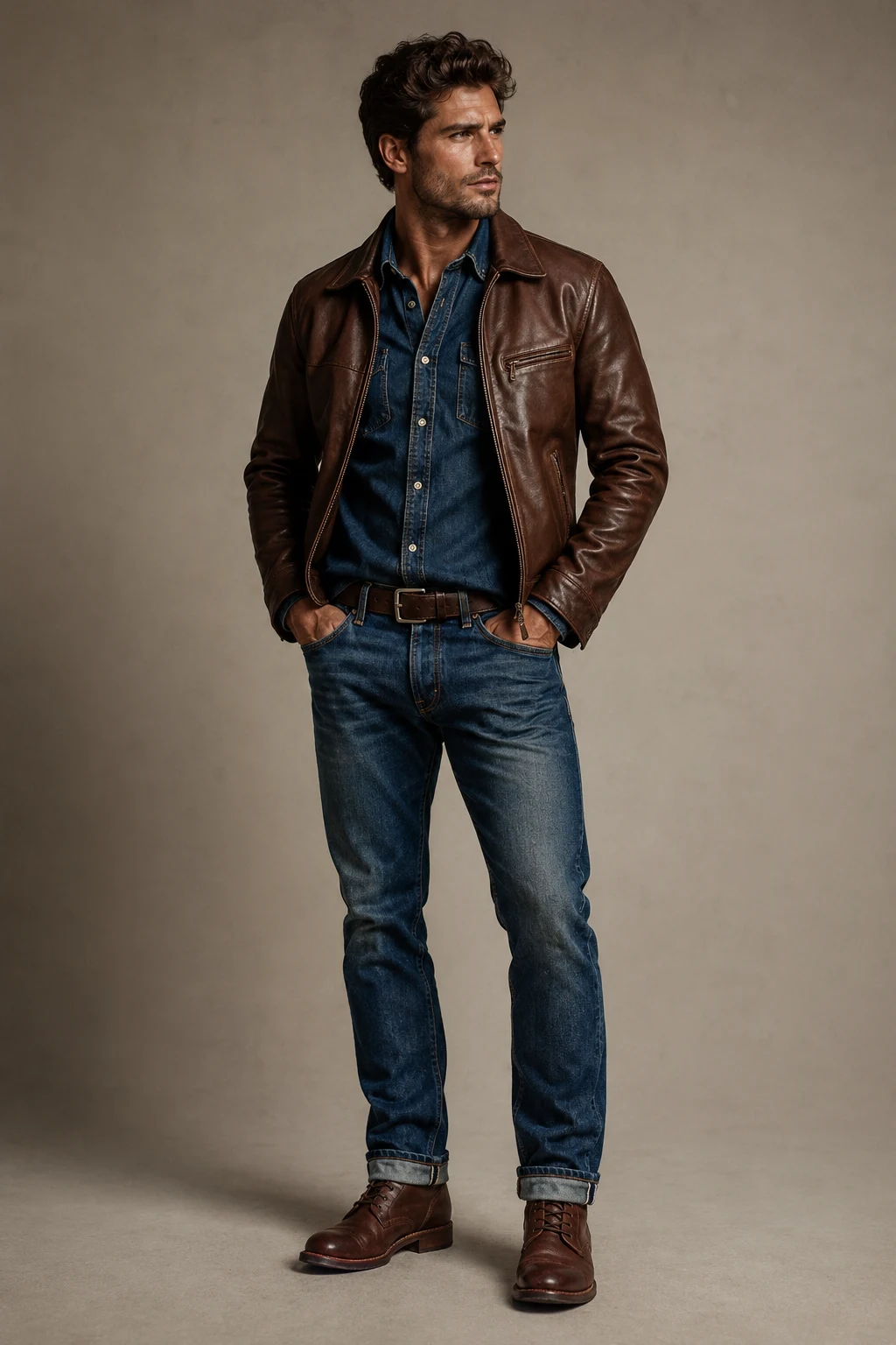 The Denim-on-Denim Layered Look — brown leather jacket outfit men style outfit, worn by a stylish man