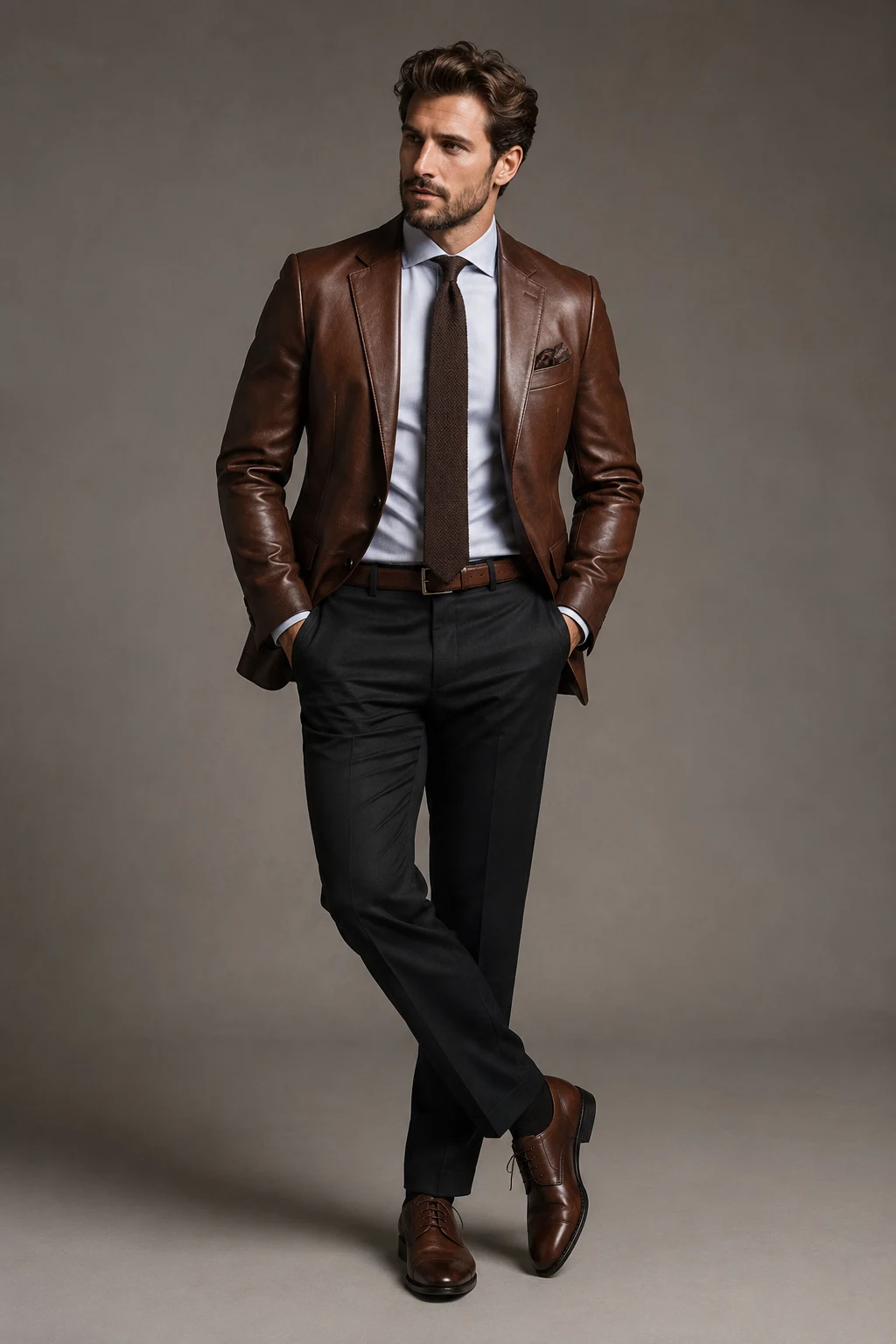 The Brown Leather Blazer Office Upgrade — brown leather jacket outfit men style outfit, worn by a stylish man