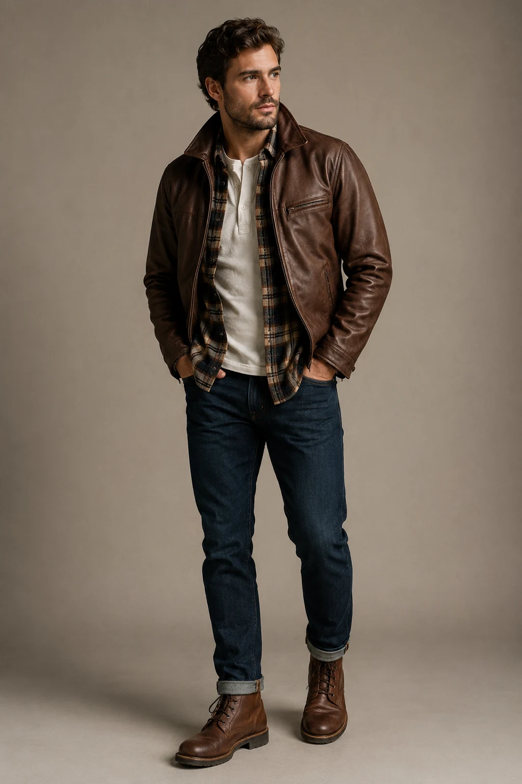 The Flannel and Boots Weekend Look — brown leather jacket outfit men style outfit, worn by a stylish man