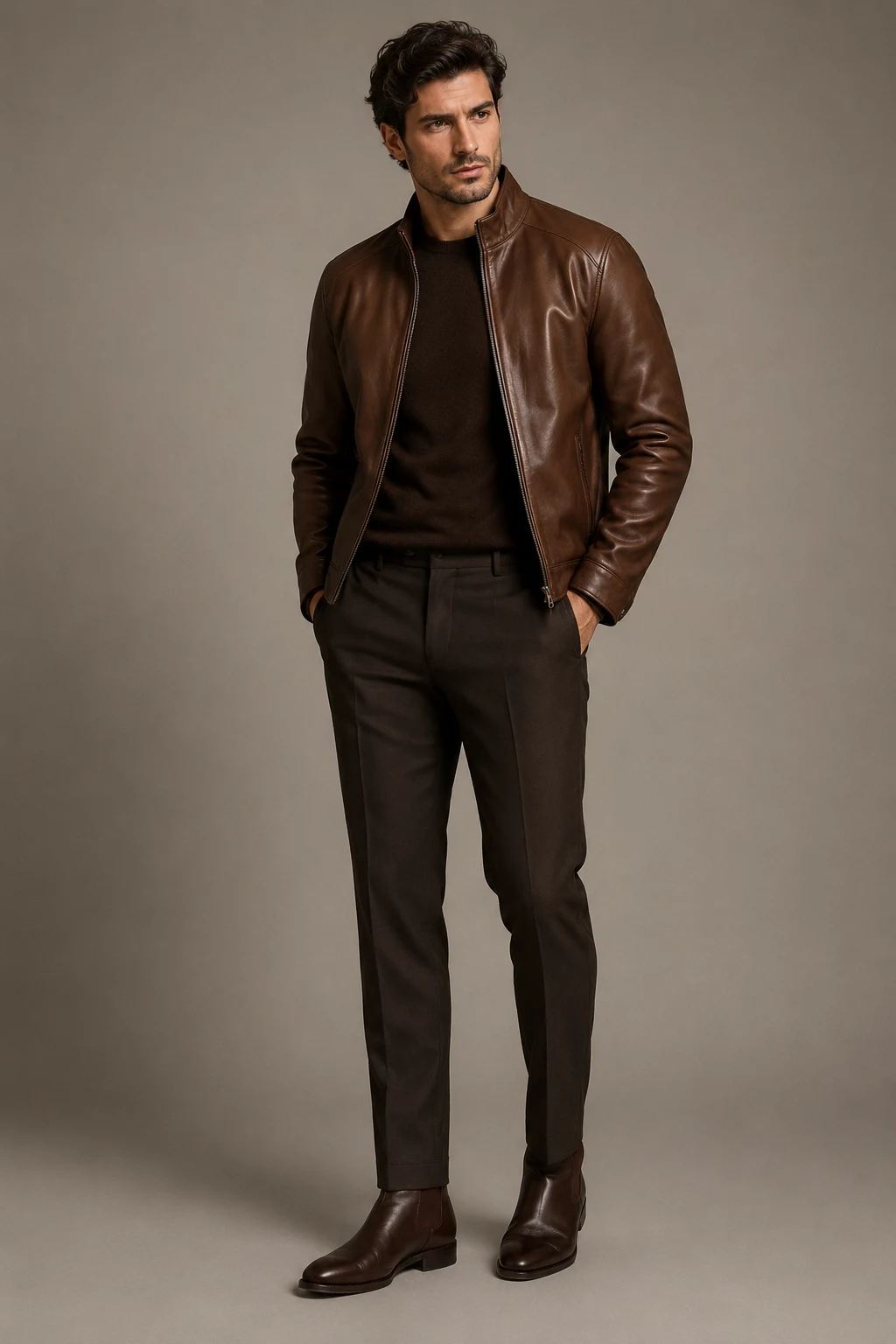 The Minimalist Monochrome Brown Look — brown leather jacket outfit men style outfit, worn by a stylish man
