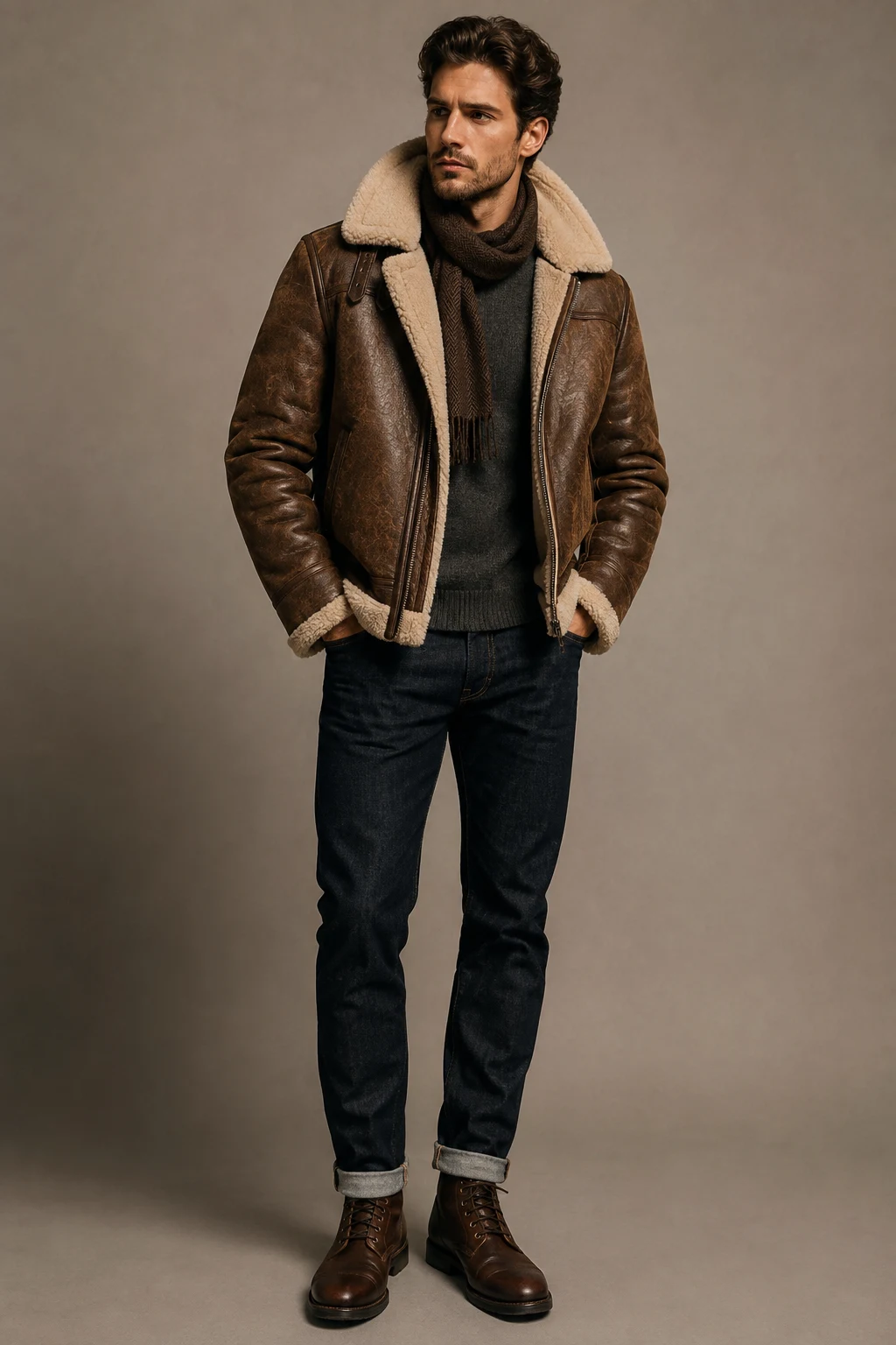The Shearling Jacket Winter Statement — brown leather jacket outfit men style outfit, worn by a stylish man