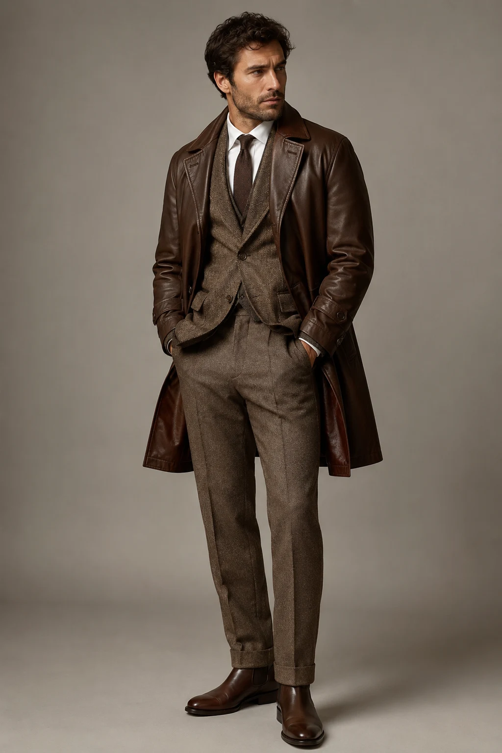 The Brown Leather Coat and Tailored Layers — brown leather jacket outfit men style outfit, worn by a stylish man