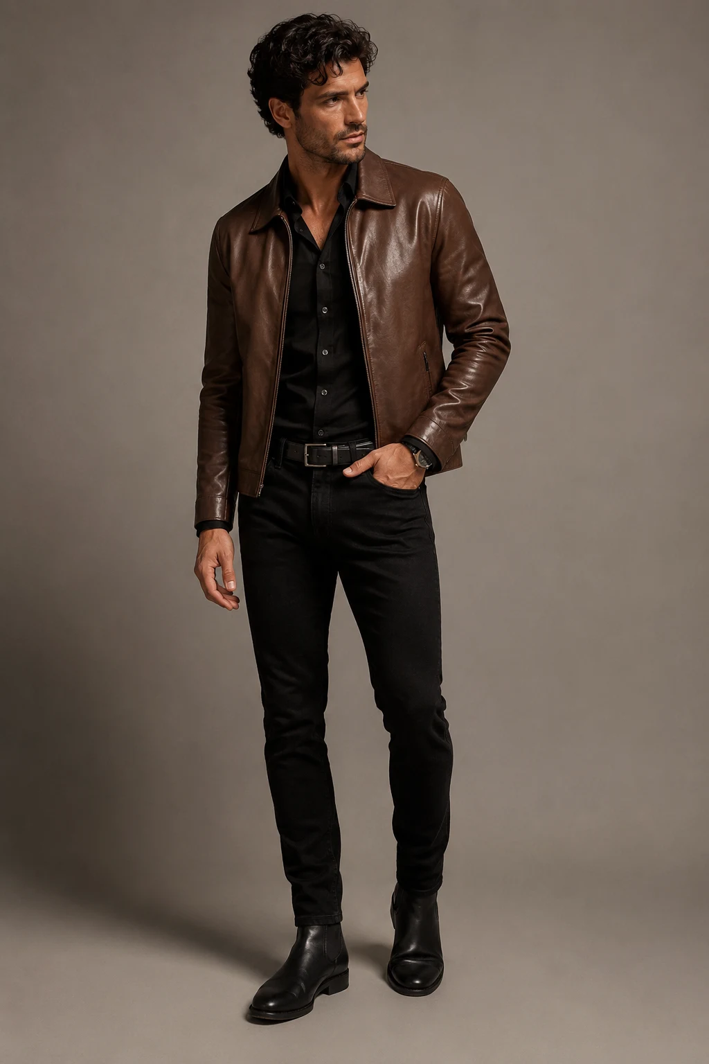 The Black Jeans Night-Out Look — brown leather jacket outfit men style outfit, worn by a stylish man