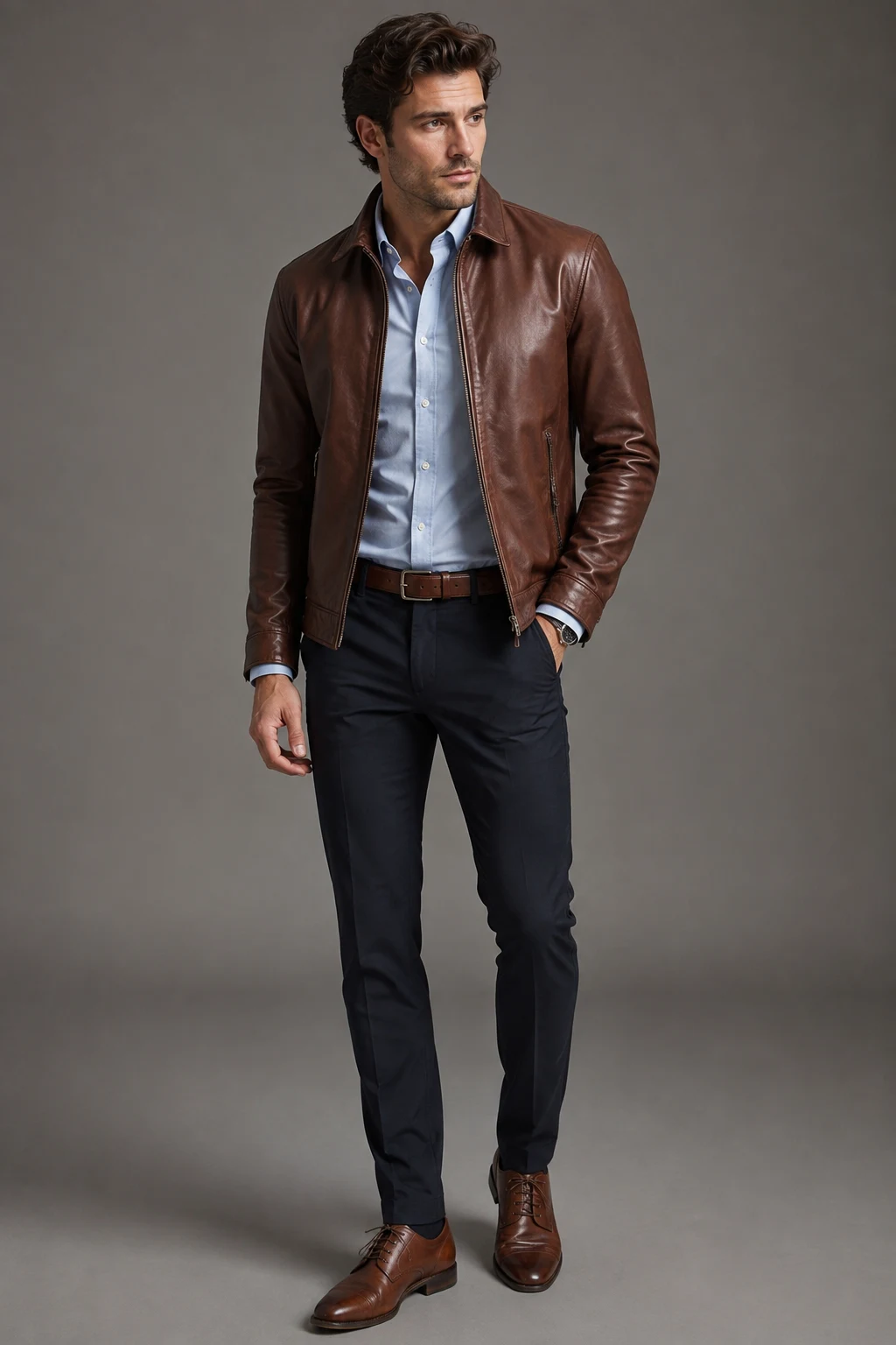 The Oxford Shirt Smart-Casual Upgrade — brown leather jacket outfit men style outfit, worn by a stylish man