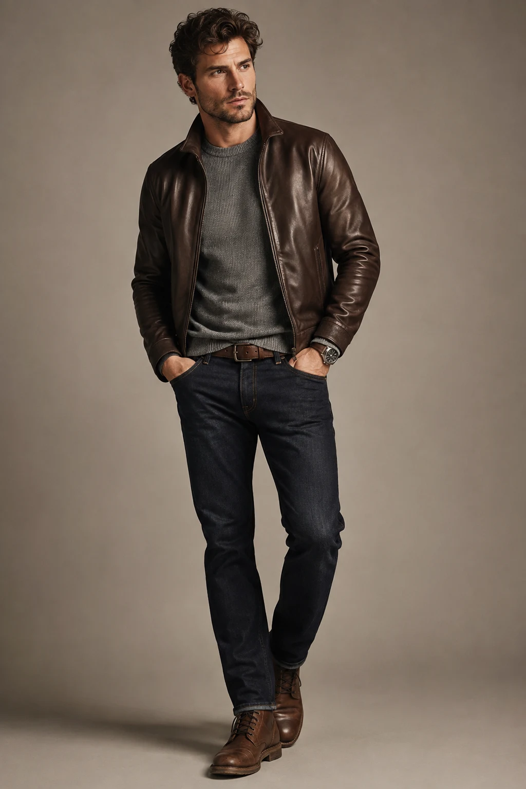 The Grey Knit Fall Favorite — brown leather jacket outfit men style outfit, worn by a stylish man