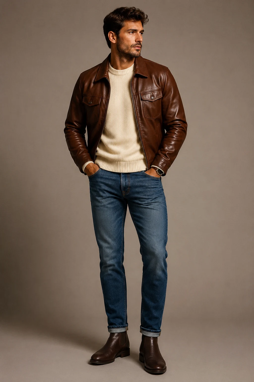 The Cream Sweater and Blue Jeans Combo — brown leather jacket outfit men style outfit, worn by a stylish man