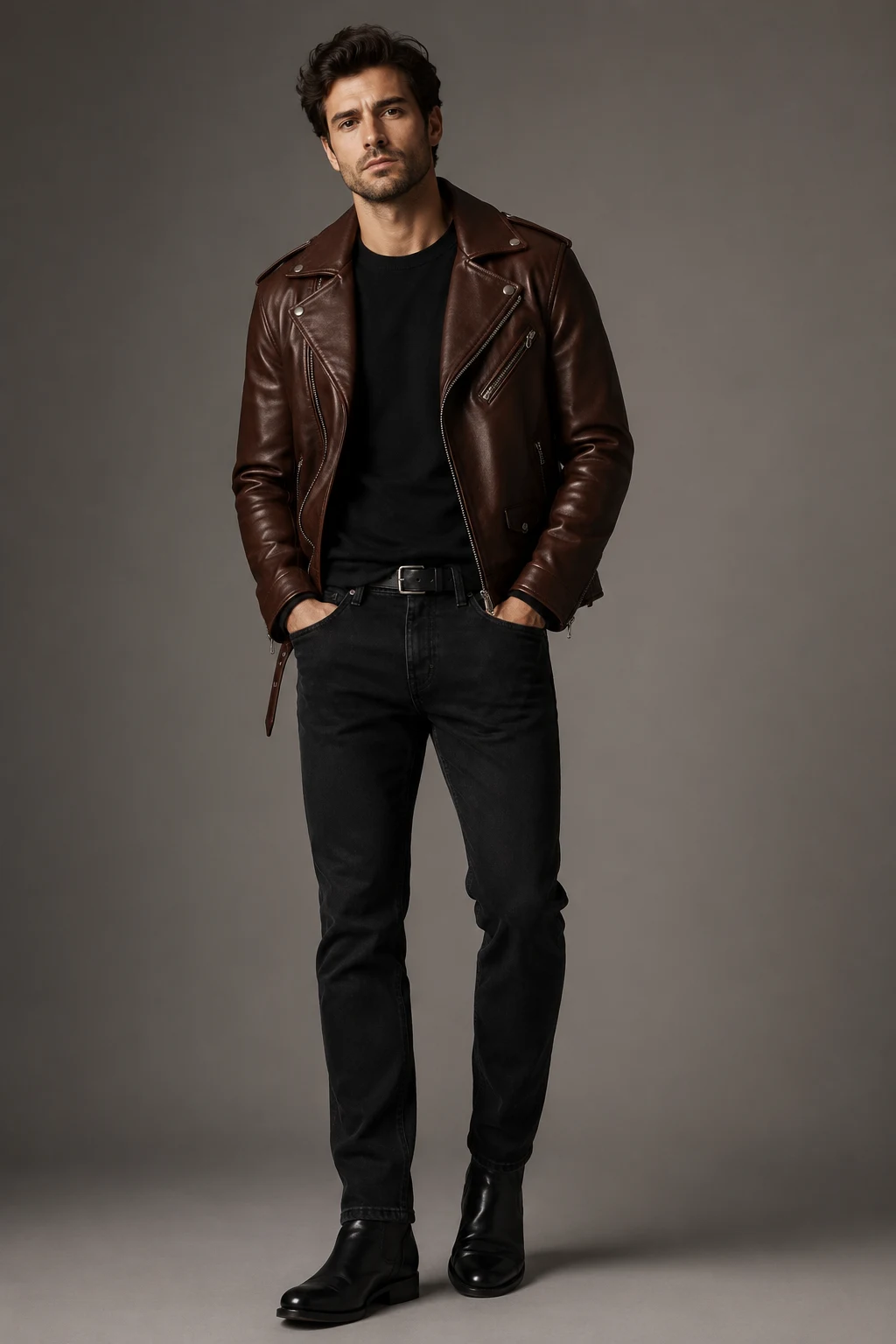 The Brown Biker With Black Denim — brown leather jacket outfit men style outfit, worn by a stylish man