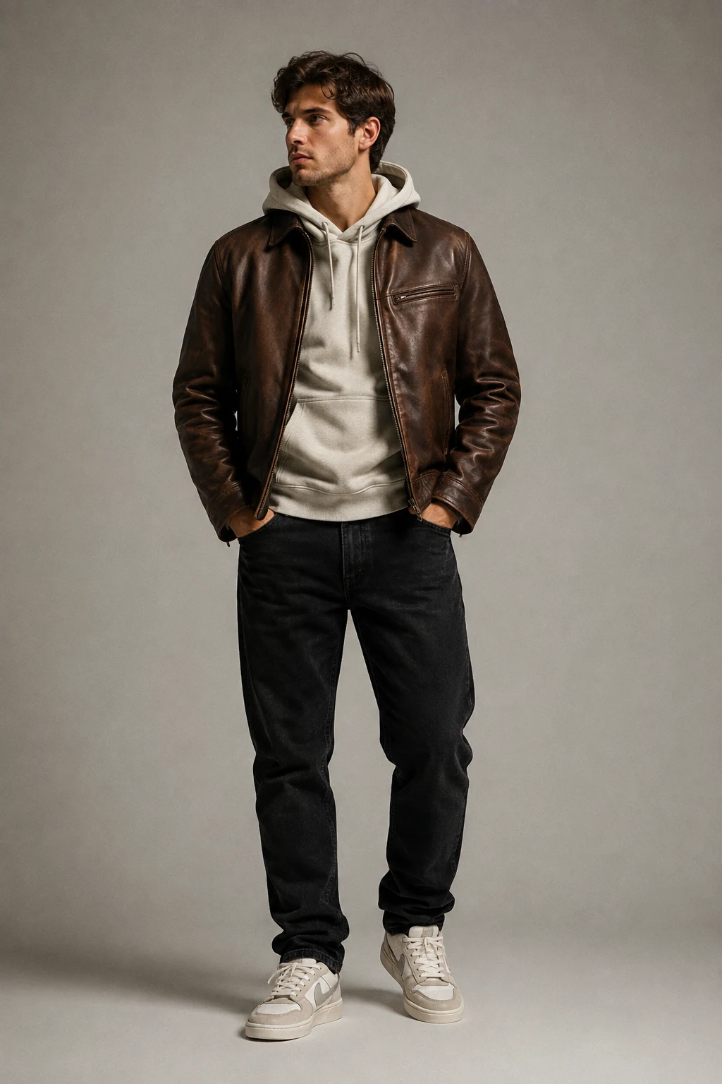 The Hoodie and Sneakers Streetwear Fit — brown leather jacket outfit men style outfit, worn by a stylish man