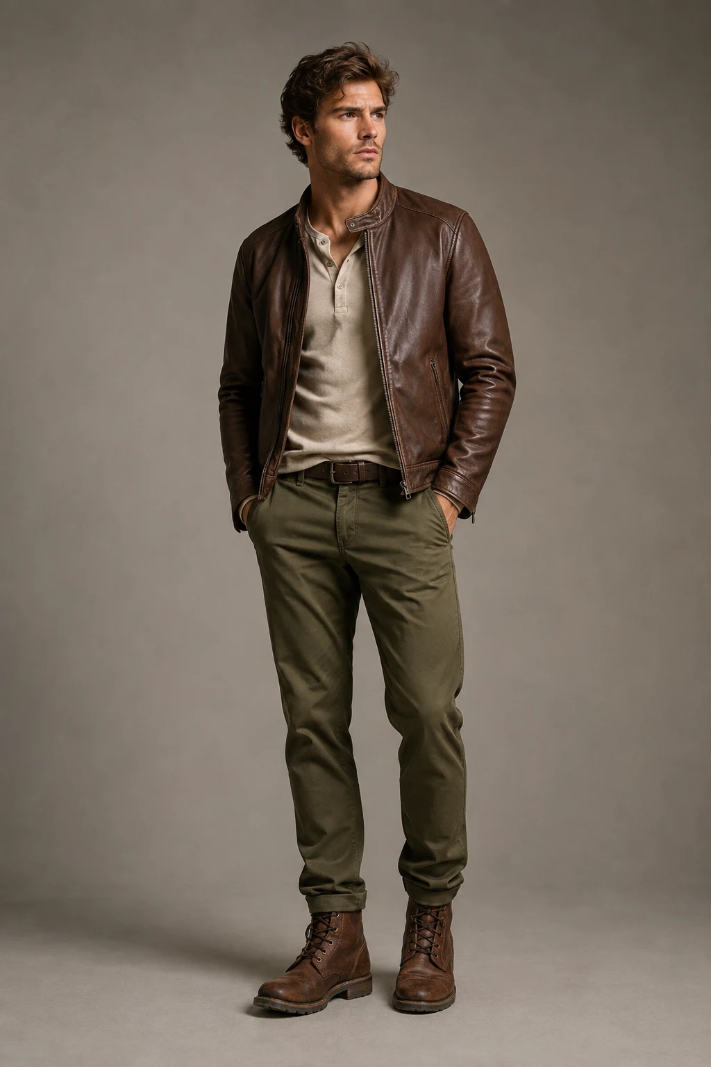 The Olive Chinos Rugged Combo — brown leather jacket outfit men style outfit, worn by a stylish man