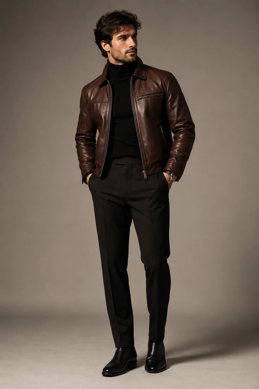 The Black Turtleneck and Tailored Trousers — brown leather jacket outfit men style outfit, worn by a stylish man