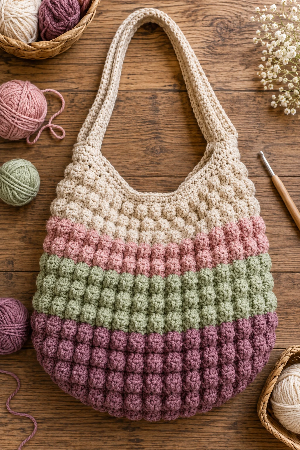 Free-Pattern-Friendly Striped Bubble Tote — bubble bag crochet style outfit