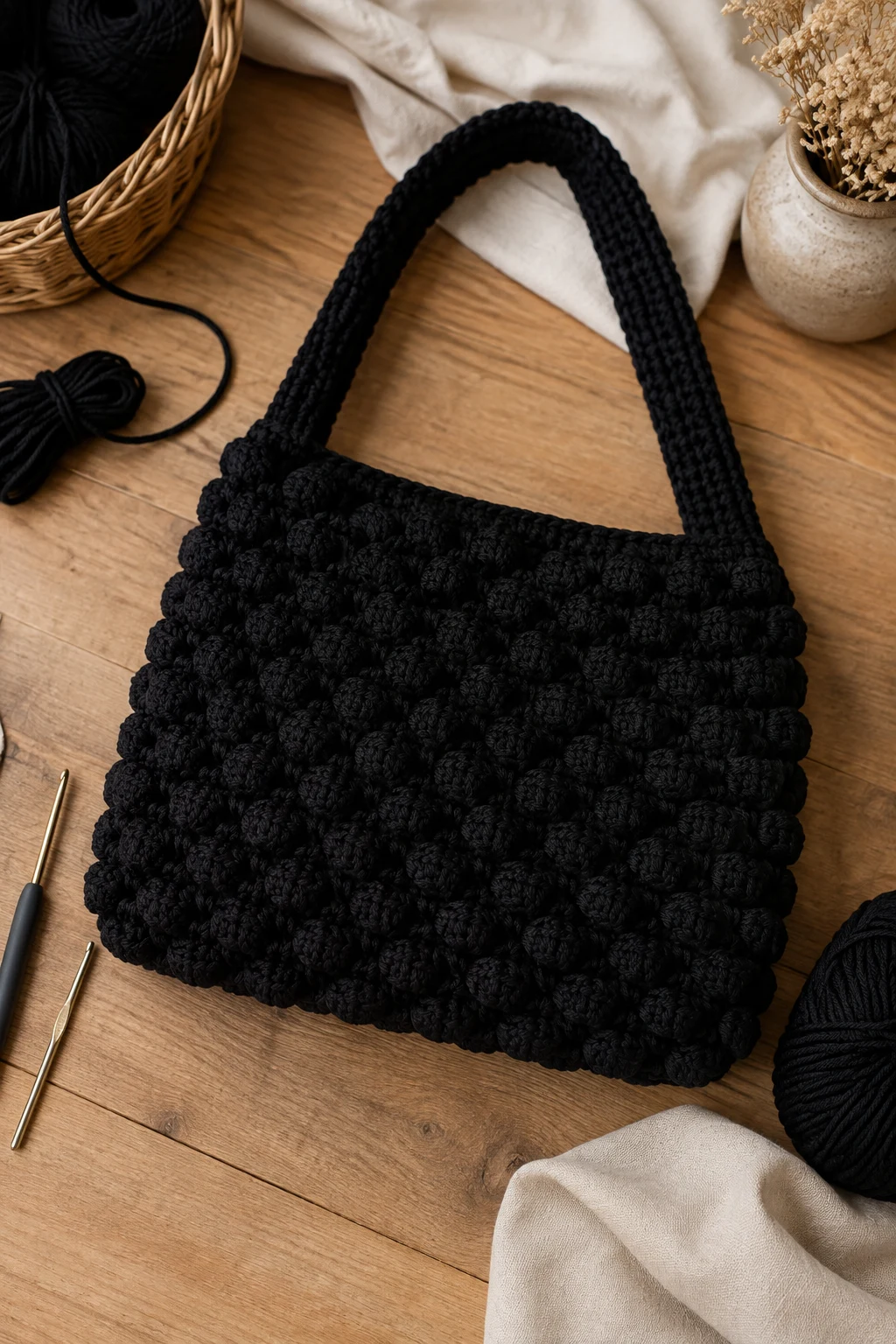 Black Bobble Shoulder Bag — bubble bag crochet style outfit