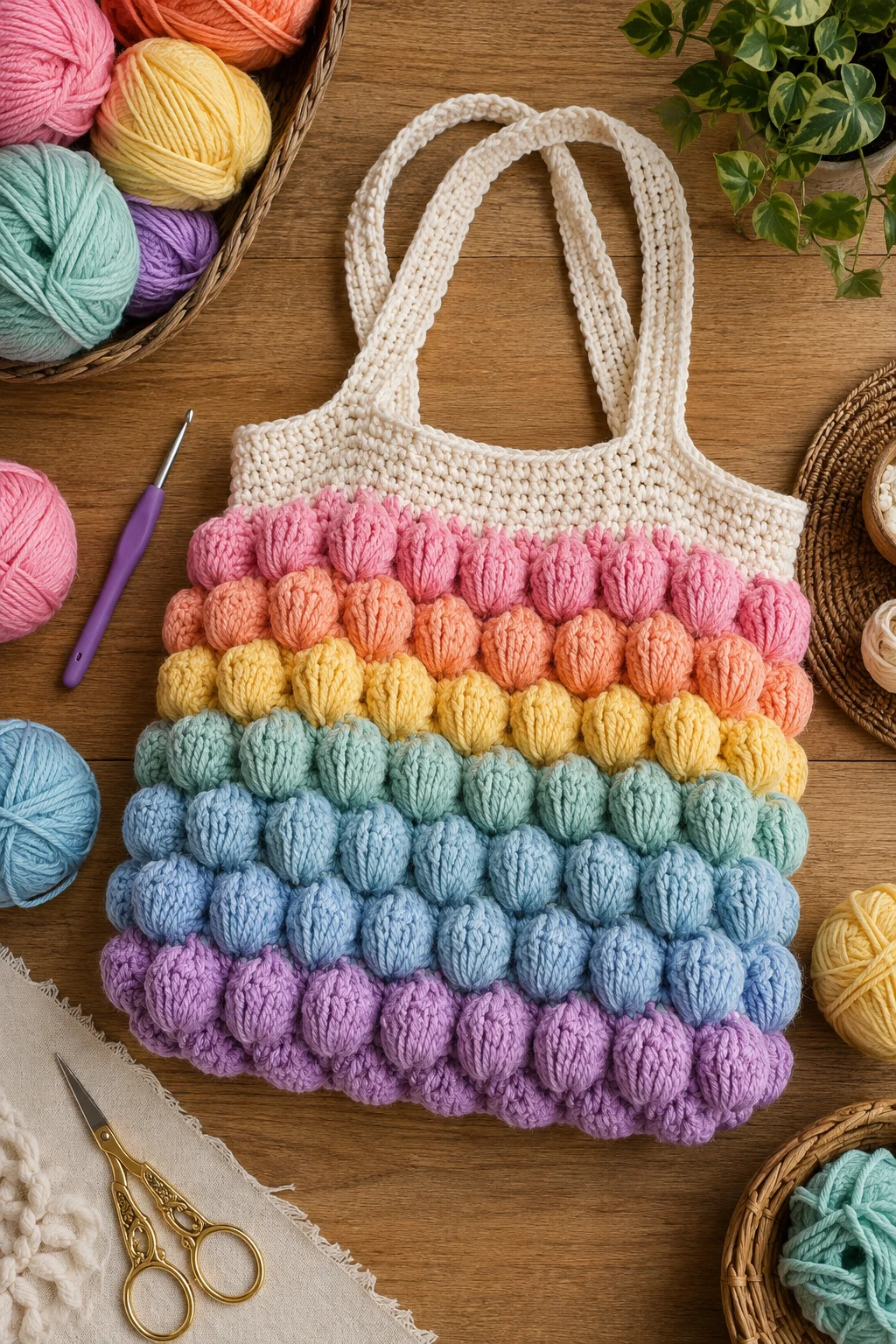 Rainbow Bubble Market Bag — bubble bag crochet style outfit