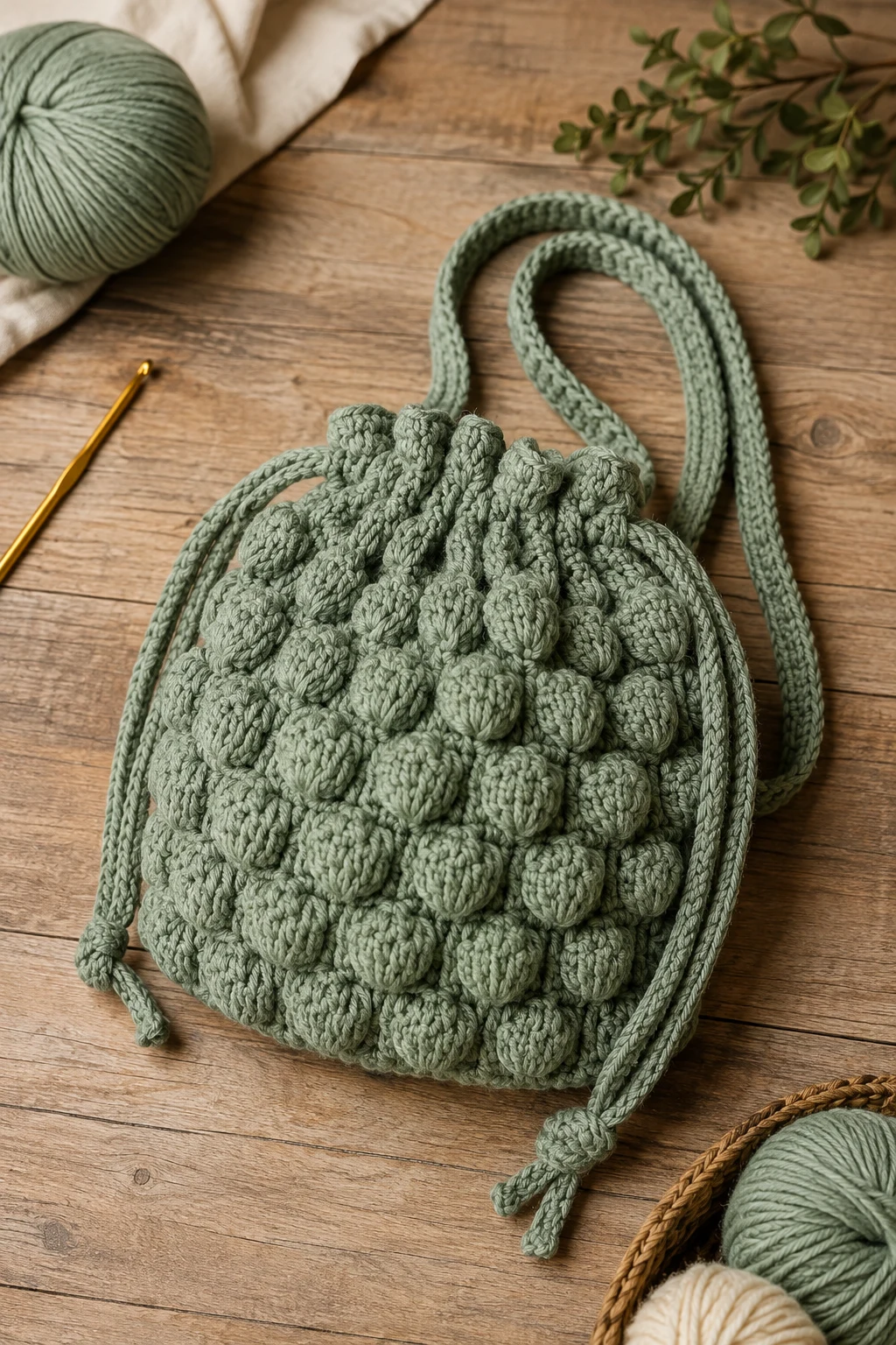 Sage Green Drawstring Bubble Bag — bubble bag crochet style outfit