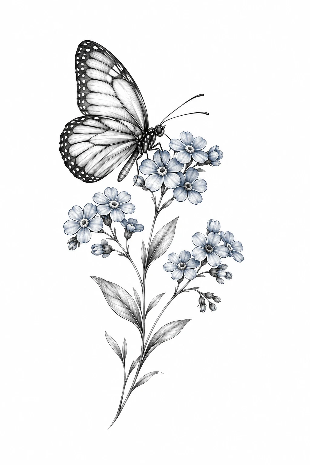 Fine-Line Butterfly and Forget-Me-Nots — butterfly and flower tattoo designs style outfit