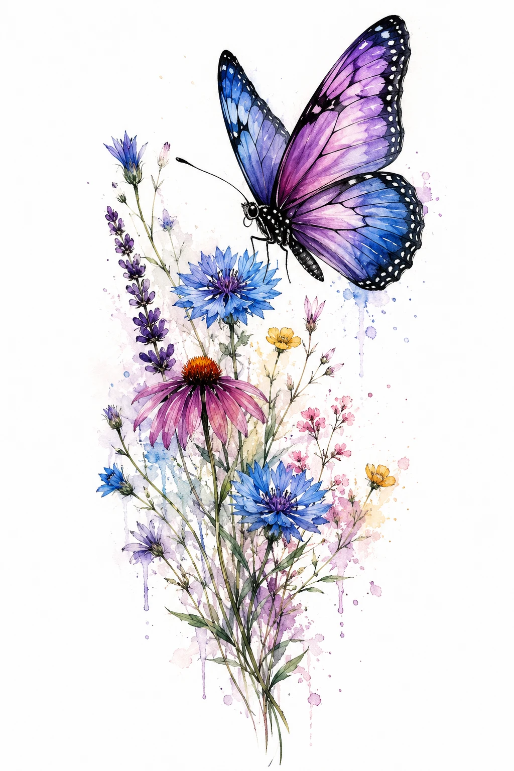 Watercolor Butterfly With Wildflowers — butterfly and flower tattoo designs style outfit