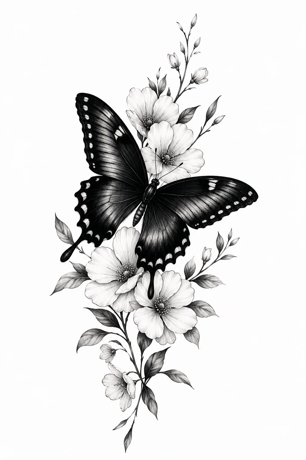 Black Butterfly With White Flowers — butterfly and flower tattoo designs style outfit