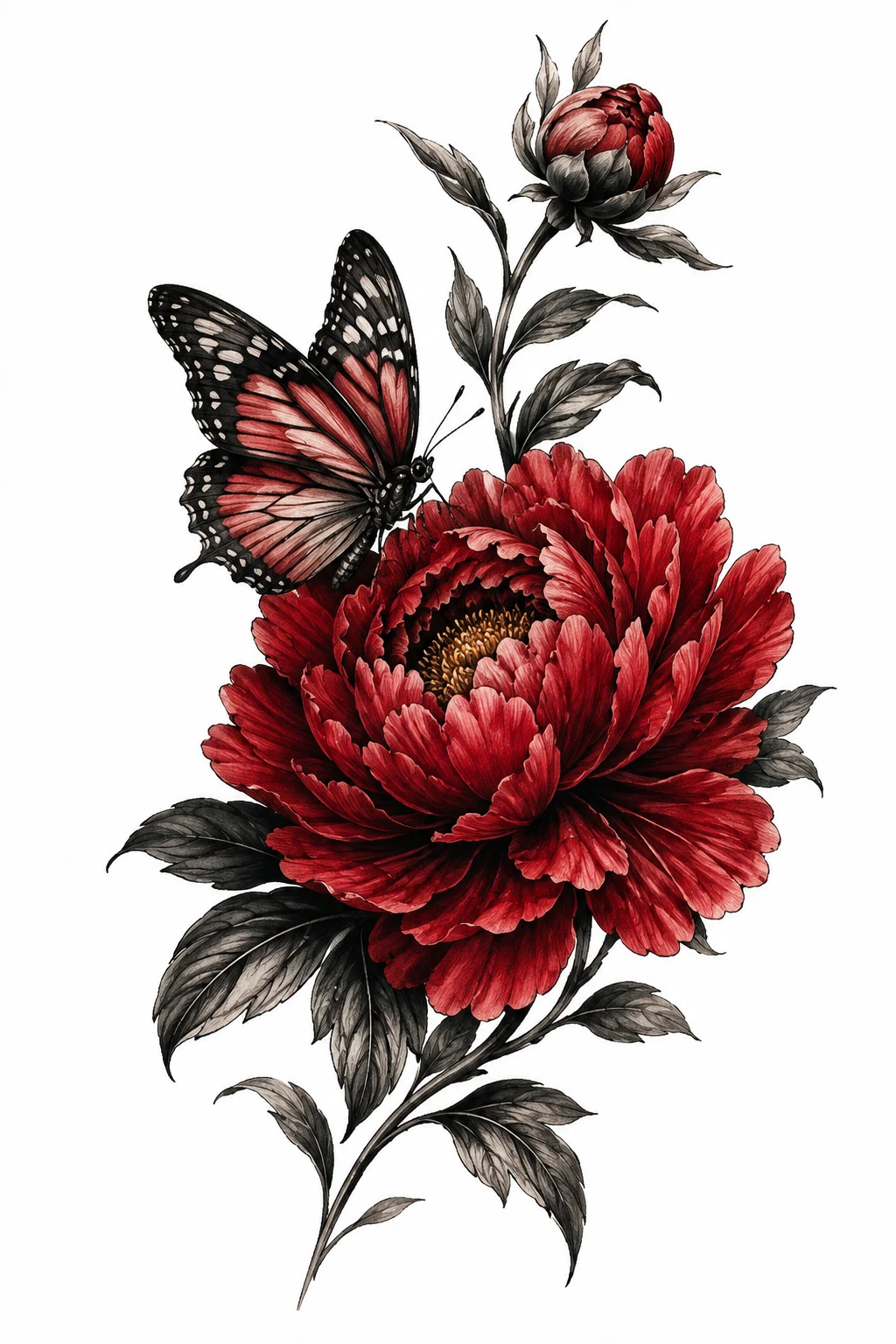 Butterfly With a Red Peony — butterfly and flower tattoo designs style outfit