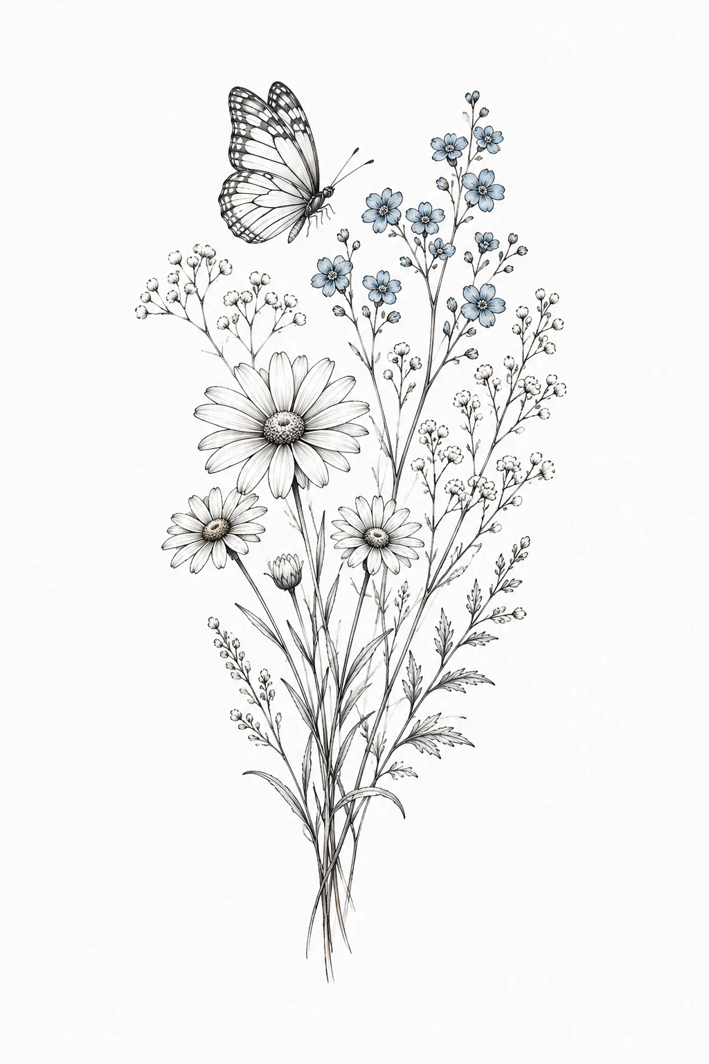 Fine-Line Wildflower Pair — butterfly and flower tattoo style outfit