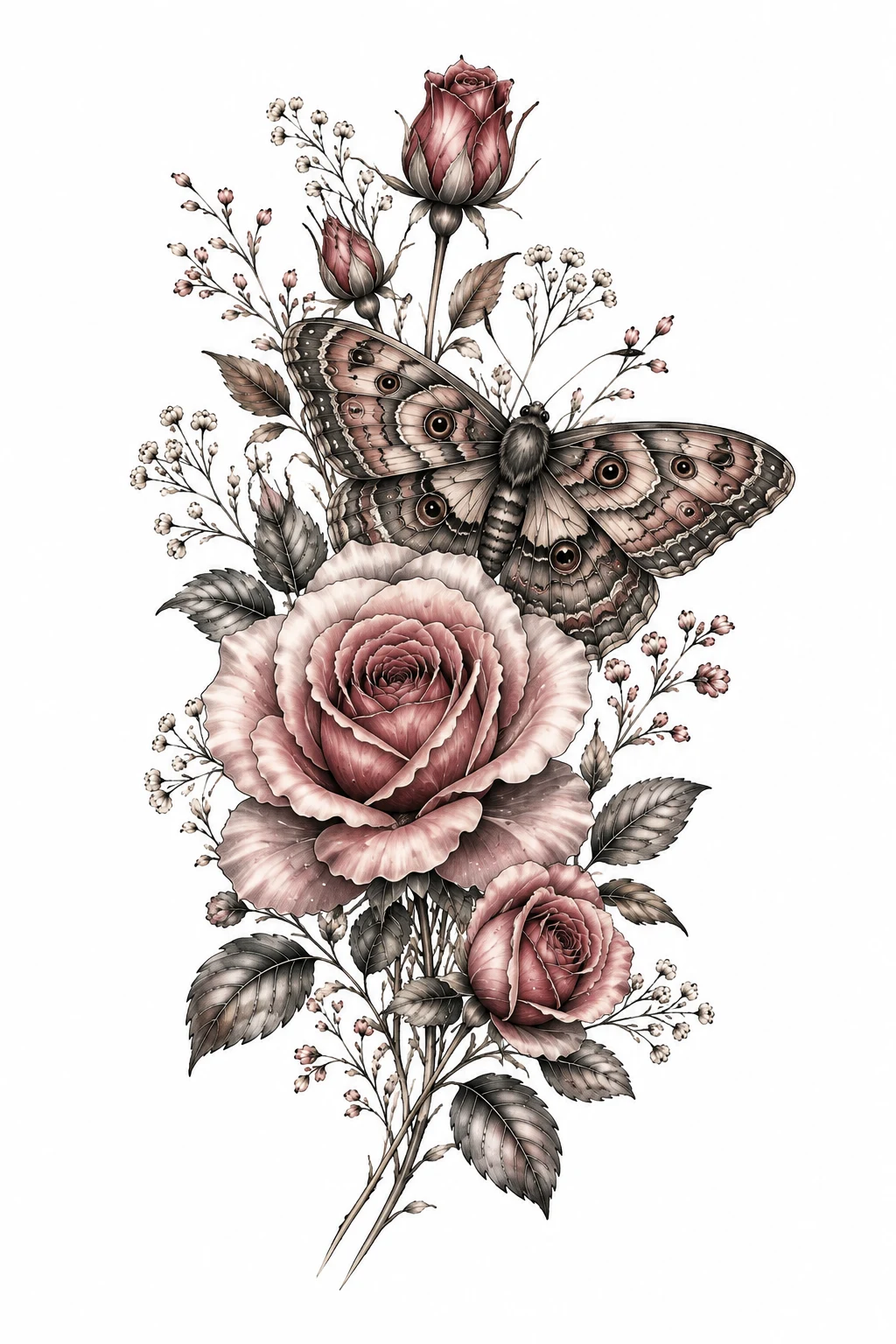Rose and Moth-Style Butterfly — butterfly and flower tattoo style outfit