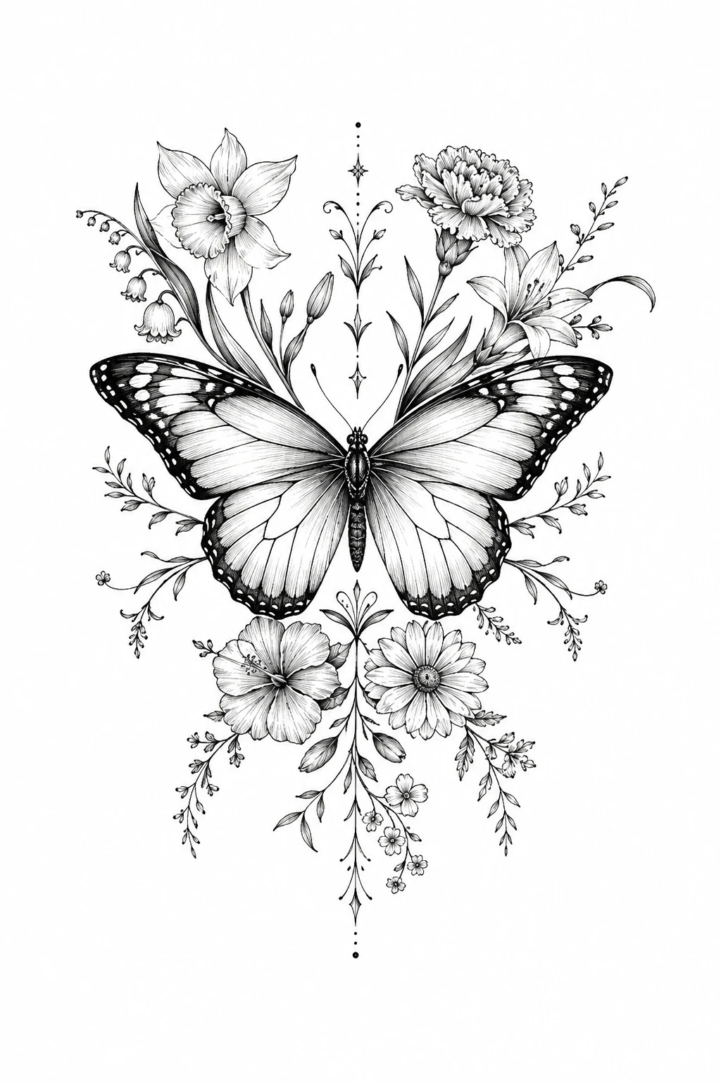 Butterfly Chest Tattoo With Birth Flowers — butterfly chest tattoo style outfit