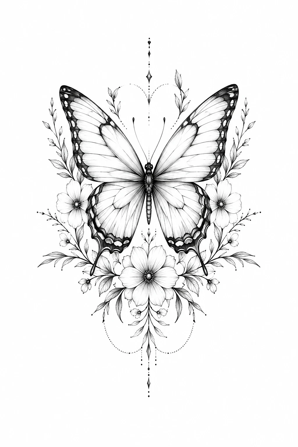 Fine-Line Butterfly With Floral Details — butterfly chest tattoo style outfit