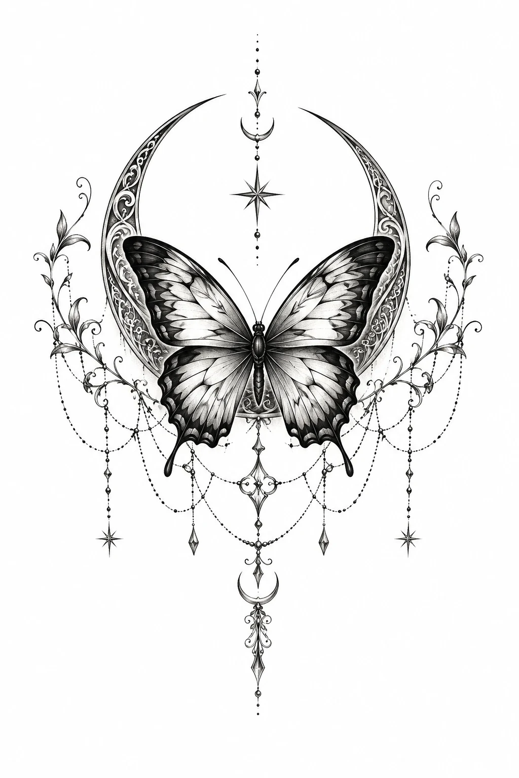 Butterfly and Crescent Moon — butterfly chest tattoo style outfit