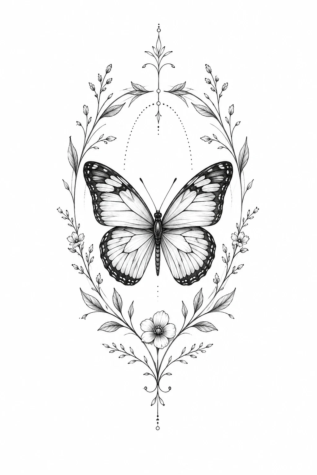 Fine-Line Butterfly With Botanical Framing — butterfly cover up tattoo style outfit