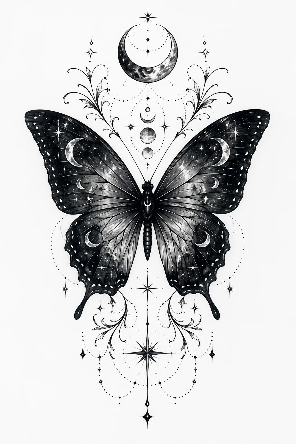 Midnight Butterfly With Celestial Details — butterfly cover up tattoo style outfit