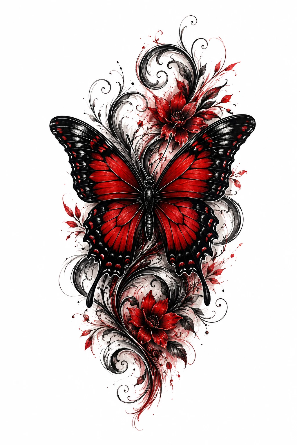 Red and Black Butterfly Cover Up Tattoo — butterfly cover up tattoo style outfit