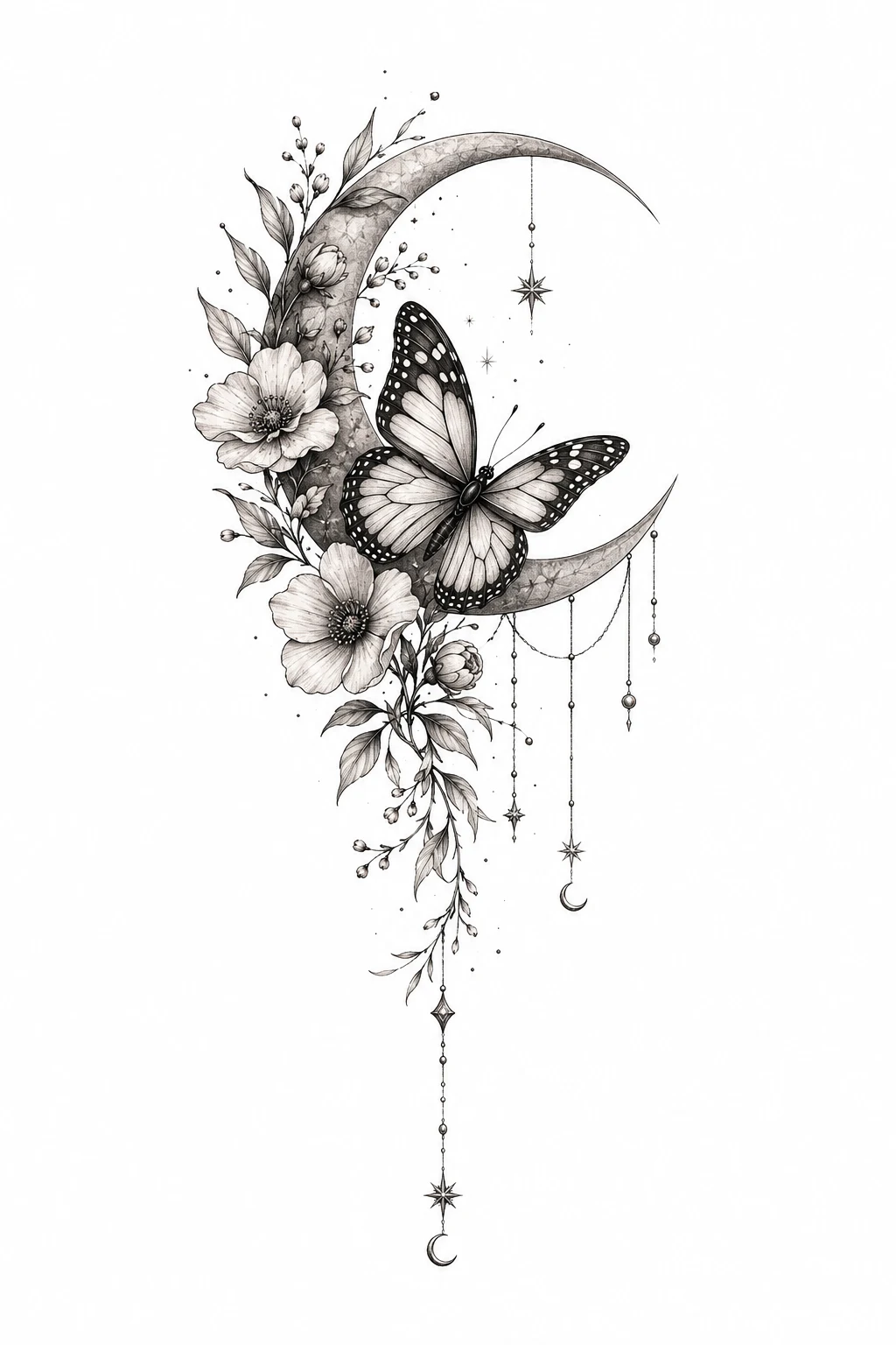 Crescent Moon Butterfly Flowers — butterfly flower tattoo style outfit