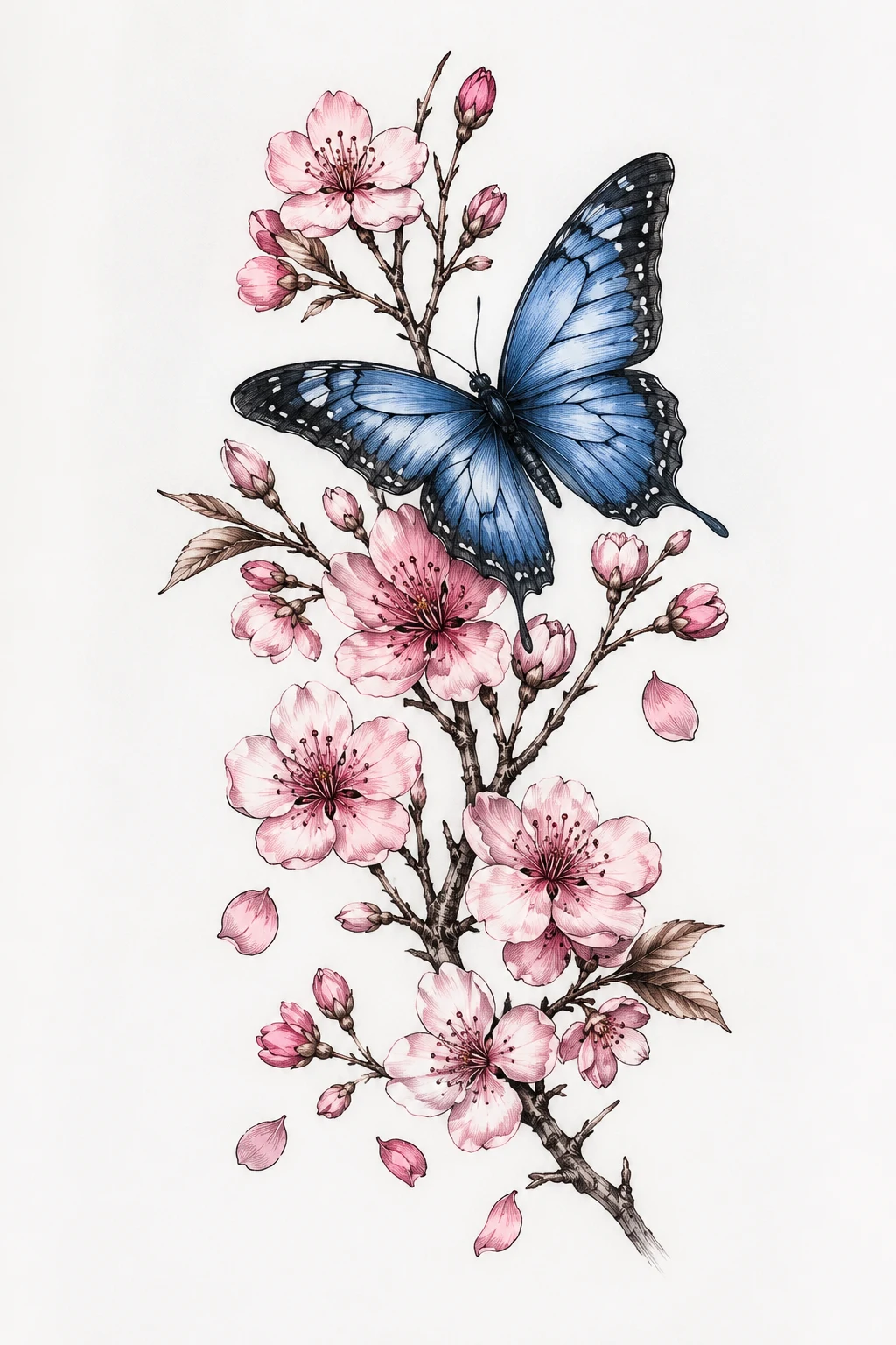 Blue Butterfly and Cherry Blossoms — butterfly flower tattoo style outfit