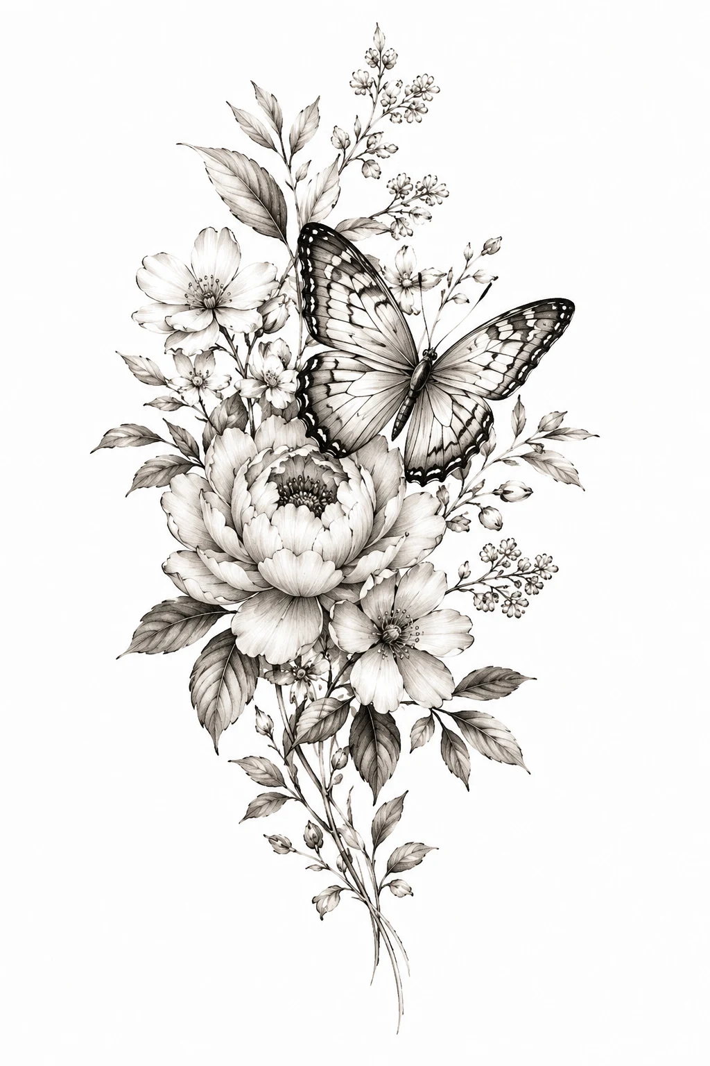 Botanical Butterfly Drawing — butterfly flower tattoo style outfit