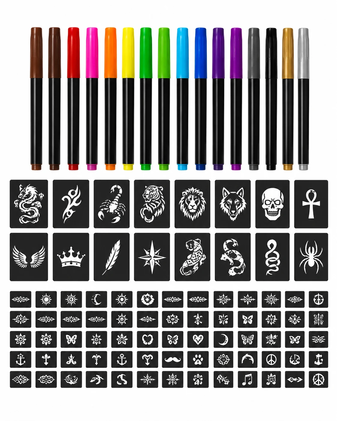 Temporary Tattoo Markers for Skin, 16-Count Body Markers with 77 Large Tattoo Stencils
