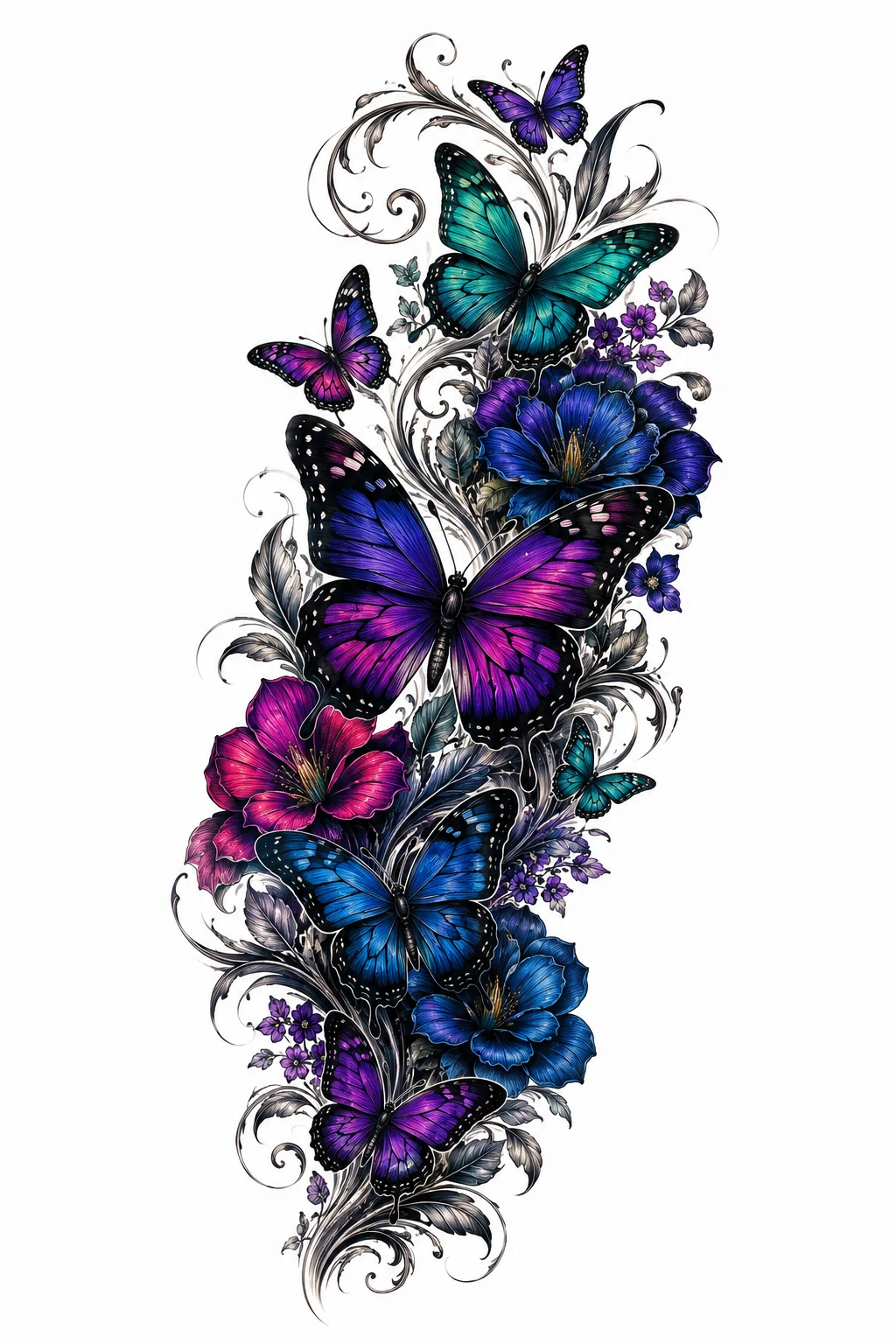 Jewel-Tone Butterfly Sleeve Tattoo Color — butterfly sleeve tattoo style outfit