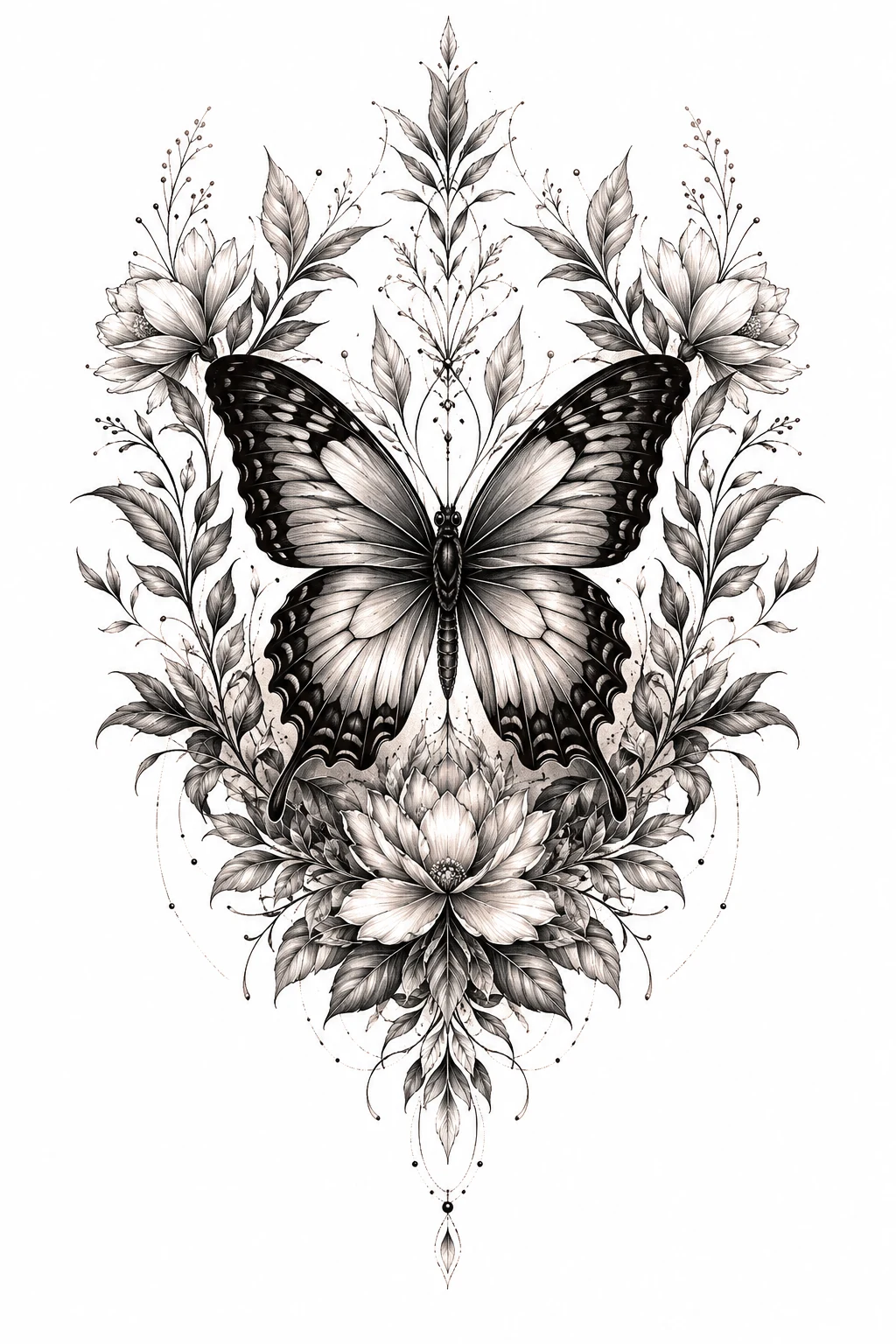 Butterfly Backpiece With Botanical Frame — butterfly tattoo cover up style outfit