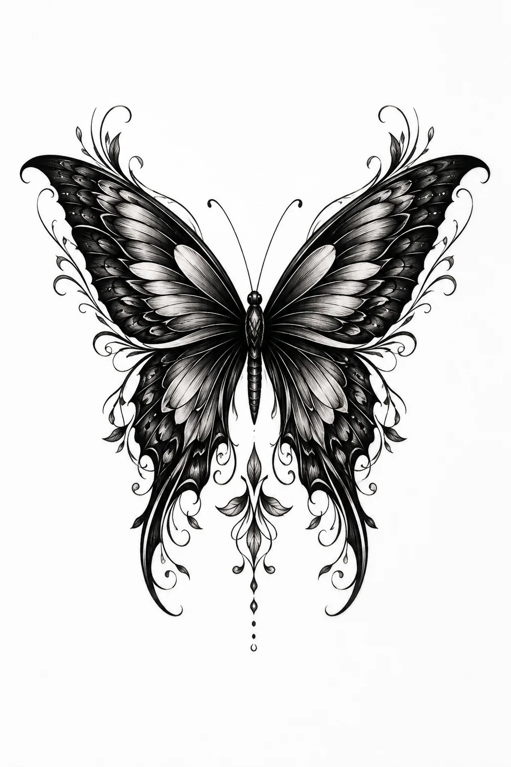 Black Butterfly With Ornamental Wings — butterfly tattoo cover up style outfit